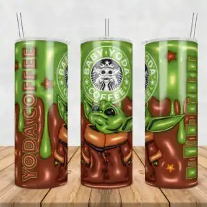 Cartoon green alien in brown robe coffee parody tumbler wrap with emblem logo