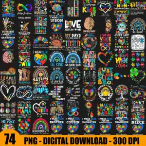 autismawarenesspngbundle.jpg Grid preview of 74 colorful autism awareness designs with puzzle hearts and slogans on black