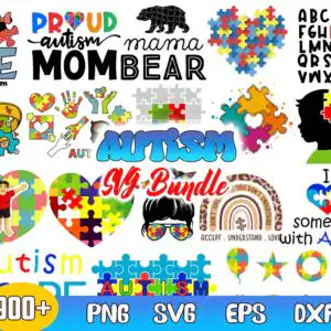 Colourful autism awareness cut file with puzzle pieces, a heart, a rainbow and LOVE lettering on a white background