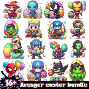 avengereasterpngbundle.jpg Grid of 16 chibi superhero-style cartoon figures in red, blue, green and gold costumes beside Easter eggs and baskets