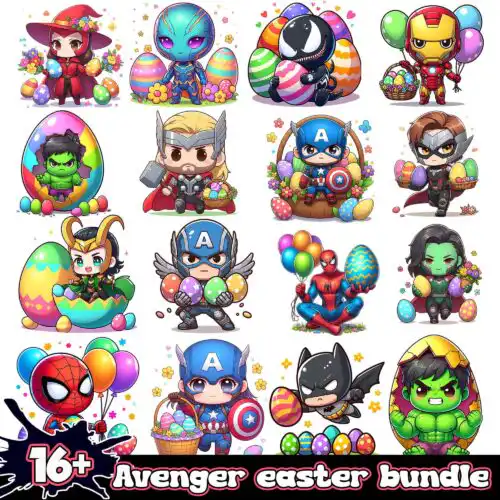 Chibi Superhero Easter Cartoon Png Bundle