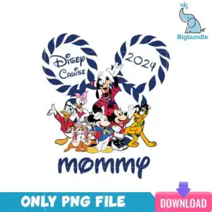 blue04012461-ng-5.png Group of eight cartoon animals in navy laurel wreath with Disey Cruise 2024 mommy lettering