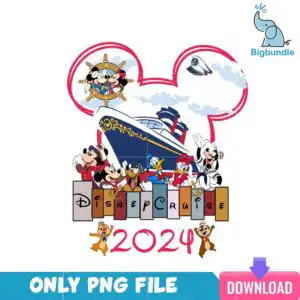 blue04012488-da-1.png Cartoon cruise ship inside hot-pink mouse-head outline with Disney Cruise 2024 characters