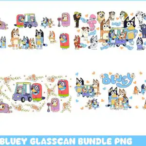 blueyglasscan4.99.jpg Bluey cartoon family glass can wrap with BLUEY text and golf cart