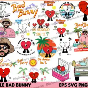 Bad Bunny themed collage with sad heart mascots, beach illustrations and Un Verano Sin Ti lettering