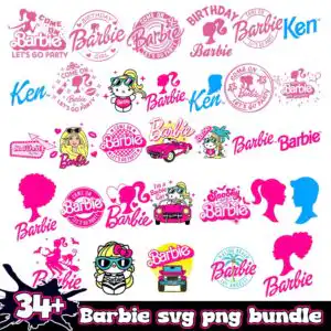 barbiebundlesvg.jpg Grid of pink and blue Barbie birthday silhouettes, cartoon cat, convertible and badge lettering