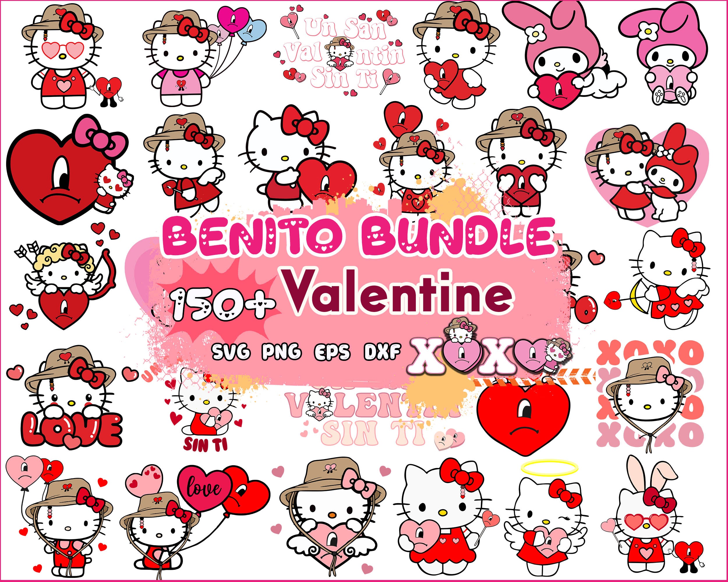 New 150+ Valentine Hello Kitty Bundle, Valentine kawaii kitty SVG png eps dxf, Cut File, Digital Download