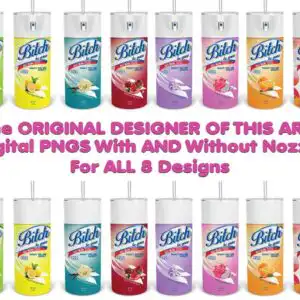 bitchbegonetumblerbundle7.99ver3.jpg Parody cleaning spray cans labeled Bitch Be Gone with fruit art on tumbler wraps
