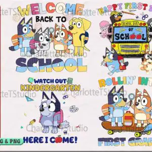 Cartoon blue heeler puppy family with backpacks and yellow school bus for back to school
