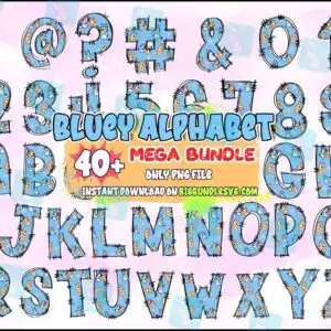 bluedogalphabetbundle1.jpg Doodle alphabet with Bluey pattern fill in light sky blue with black sketchy outline and Bluey Alphabet banner