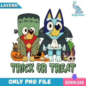 Two costumed cartoon dogs in Frankenstein and vampire outfits with Trick Or Treat lettering and pumpkins