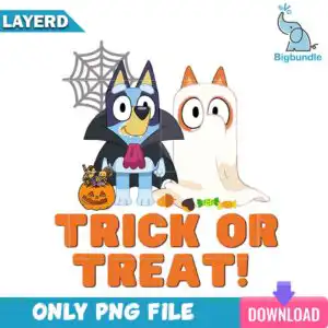 bluey-and-bingo-trick-or-treat-halloween_c3d0099c-1ee1-43cf-9020-06727278b761.jpg Two cartoon dogs in Halloween costumes with pumpkin bucket and TRICK OR TREAT text