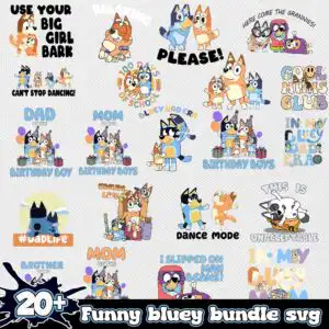 Grid of cartoon dogs with party hats and birthday text like Use Your Big Girl Bark