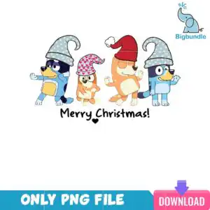 blueychristmassvg_26.png Four cartoon dogs wearing tall festive gnome hats with Merry Christmas text