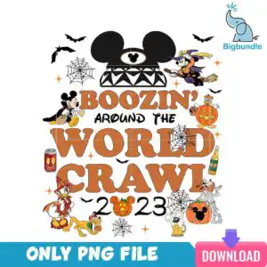 Cartoon Halloween pub crawl graphic with bold BOOZIN' AROUND THE WORLD CRAWL lettering, costumed mice and pumpkins