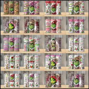 boujeegrinchtumblerbundle.jpg Green furry creatures in beanies with leopard print and Grinchmas text on white