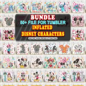 bundle50_3dcartoontumblerwrappng5.99.jpg Inflated 3D puffy Disney cartoon tumbler wrap bundle showing Stitch Mickey Minnie and princesses