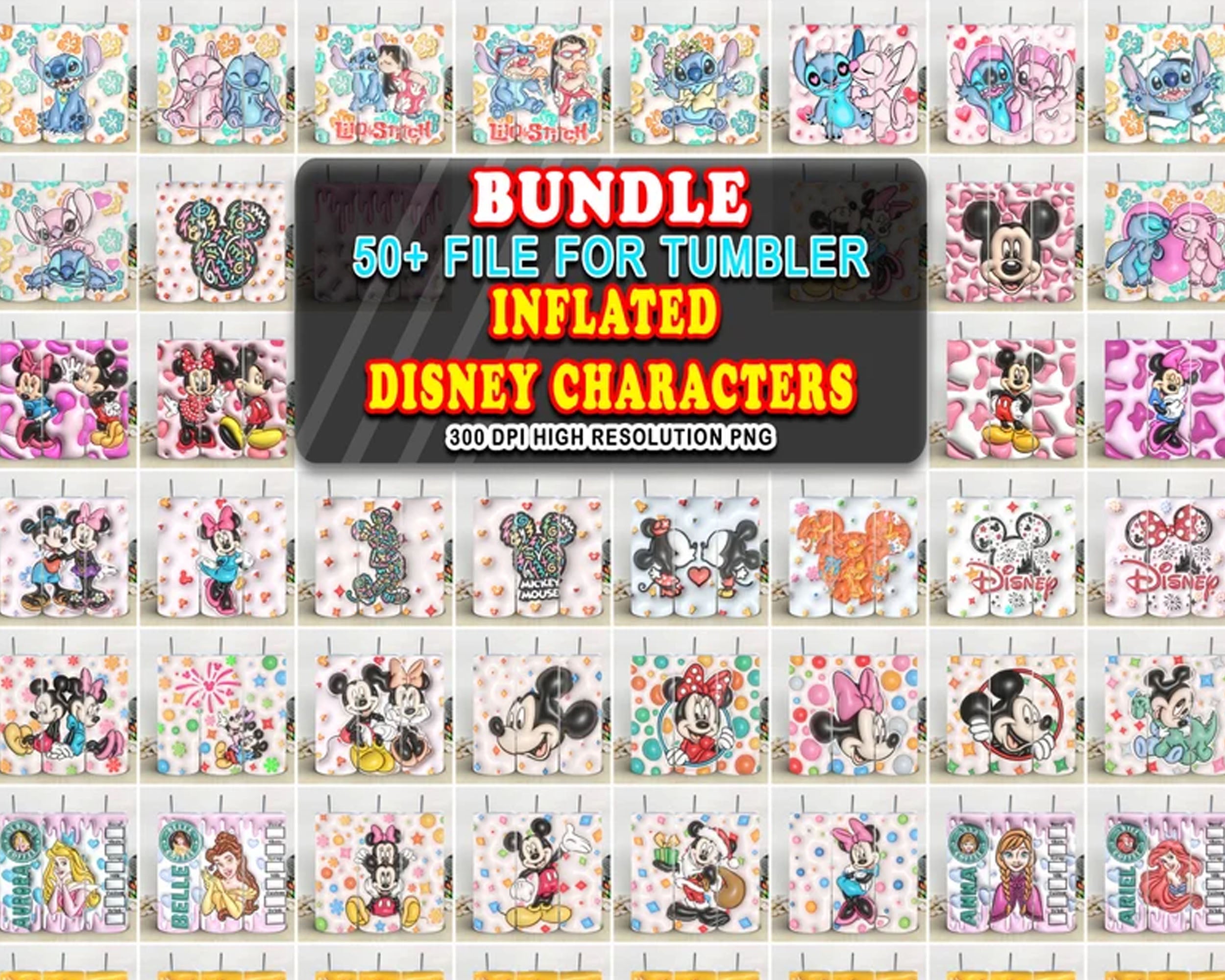 Disney Cartoon Wrap 50+ 3D Inflated Puff Tumbler bundle, Instant download