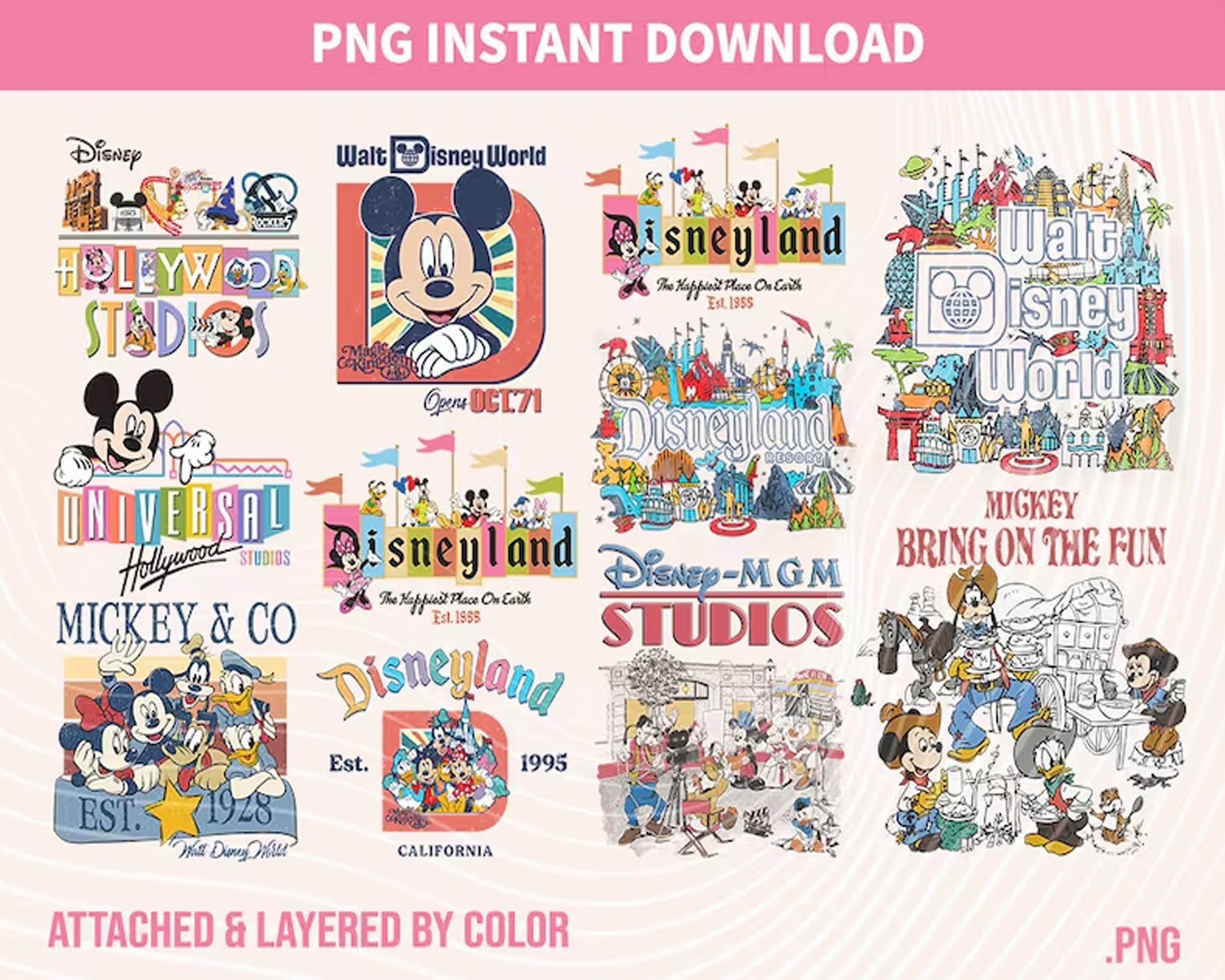 Vintage Disneyland Bundle PNG Files For Sublimation, Mickey And Friends PNG, Retro 90s Disneyworld PNG.