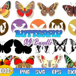 Preview sheet of colorful butterfly PNG image bundle with BUTTERFLY bubble text and circular badges