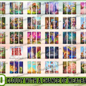Preview sheet of 30 Cloudy with a Chance of Meatballs tumbler wraps showing front and back designs for 20oz skinny tumblers