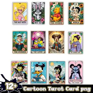 cartoontarotcardpng.jpg Twelve cartoon tarot cards with funny labels and floral borders in hot pink and gold