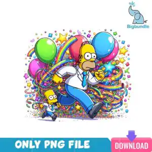 cartoon_dad_10.png Two yellow-skinned cartoon figures running, tall adult and short child in white shirts and blue ties with balloons and