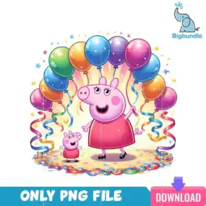 cartoon_dad_6.png Two cartoon pigs in pink dresses under glossy balloon arch with star confetti