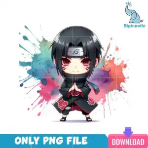 chibi_anime_12.png Chibi cartoon boy with headband and black cloak with red cloud shapes and watercolor splash