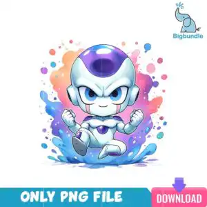 chibi_anime_2.png Chibi Frieza anime character jumping with purple dome and blue eyes over watercolor splashes