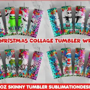 Four Christmas collage tumbler wraps with leopard borders and cartoon characters saying Merry Christmas