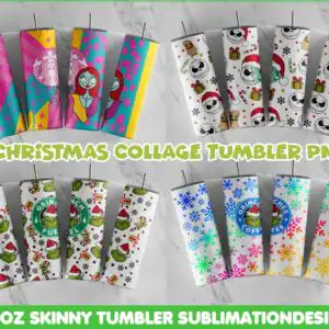 Christmas festive character collage tumbler PNG with GRINCH FUEL lettering and holiday icons