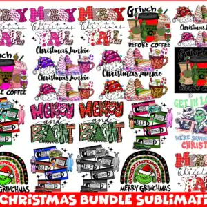Sheet of 25 Christmas sublimation designs with Grinch faces, candy canes and VHS-style cases in pink, green and red