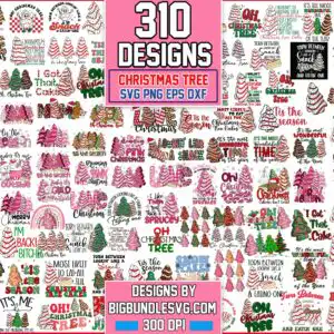 Pattern of pink and red Christmas tree cakes, green Christmas trees, snowflakes and a Santa hat with festive holiday