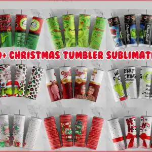 Assorted Christmas tumbler wrap designs with green furry hands, Santa hats and funny text