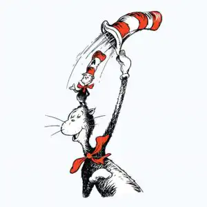 Cat in the Hat with red bow tie balancing Little Cat A popping out of tall red and white striped hat