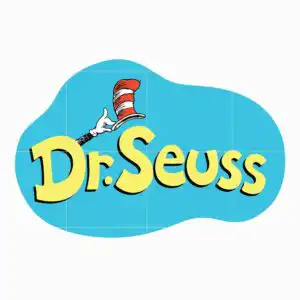 Dr Seuss logo with Dr. Seuss text, red and white striped top hat and white gloved hand on blue blob