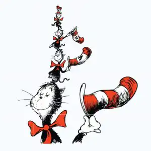 dr0302219.jpg Cartoon illustration of large cat balancing three small cats wearing red bow ties and tall striped hats
