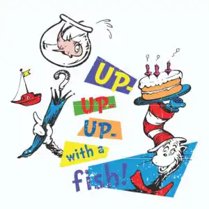 Tall cartoon cat in red and white striped hat balancing birthday cake, umbrella, fishbowl and toy boat
