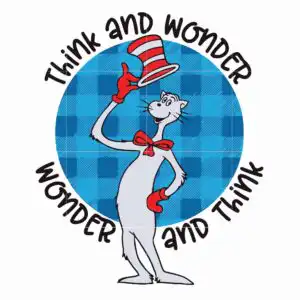 Circular badge with cartoon cat in red and white striped top hat and Think and Wonder text