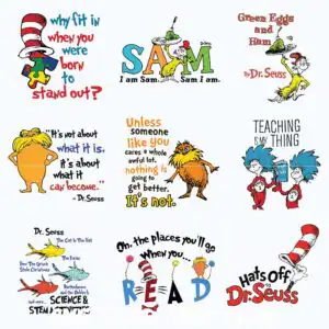 drbl0501218.jpg Grid of 9 Dr. Seuss reading quote designs with striped hat and cartoon characters in red blue yellow