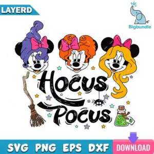 disneymousesandersonsisterssvg.jpg Three cartoon mouse heads with purple, orange and blonde hair and pink bows with Hocus Pocus text