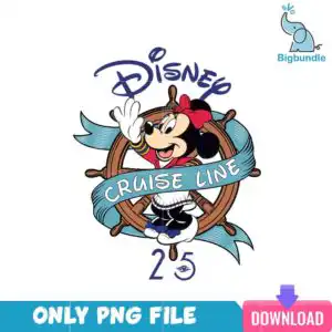 disney_cruise_6.png Minnie Mouse peeking from behind a wooden ship's wheel with blue ribbon banner and Disney Cruise Line lettering