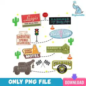 disneycarchristmas_10.png Disney Car Route 66 town clip art sheet with vintage business signs and Tow Mater tow truck