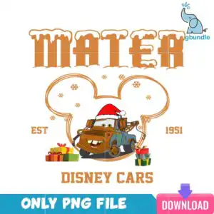 disneycarchristmas_20.png Rusty tow truck Mater wearing red Santa hat with stacked Christmas gifts and snowflakes