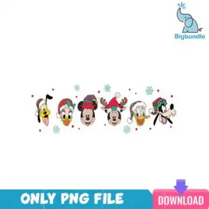 disneychristmaspng_35.png Six cartoon animal heads wearing festive Christmas hats with snowflakes and confetti