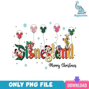 Colorful holiday lettering spelling Disneyland with Merry Christmas script and cartoon characters in Santa hats