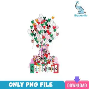 Six cartoon figures in holiday outfits holding mouse-head balloons in front of pink castle with Christmas lettering