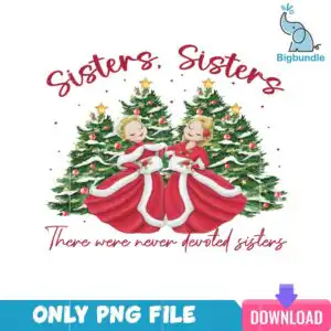 Vintage watercolour of two women in festive red dresses before decorated Christmas trees