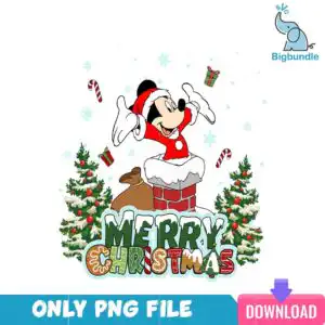 disneychristmaspng_70.png Cartoon mouse in Santa suit popping from snowy brick chimney with MERRY CHRISTMAS text